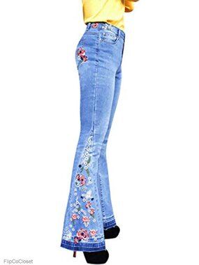 Women's Floral Embroidered High Waist Bell Bottom Jeans Stretch Denim